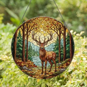 Majestic Brown Stag Multi-Tined Antlers Autumn Leaves Forest Wildlife Lover Gift Stained Glass Suncatcher