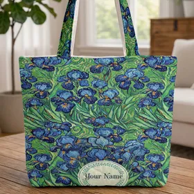 Blue Irises Floral Foliage Wreath Personalized - Everyday Carry Gift for Her Quilted Tote Bag