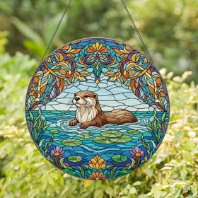 Friendly Brown Otter Aquatic Flora Water Lily Sky - Home Decor Gift for Wildlife Lover Stained Glass Suncatcher