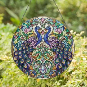 Tiffany Glass Peacocks Crystal Pendant Art Nouveau Floral - Home Decor Gift Bird Lover Stained Glass Suncatcher