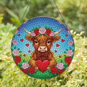 Stained Glass Baby Highland Cow Red Heart Rose Crown - Farmhouse Decor Gift for Cow Lover Stained Glass Suncatcher
