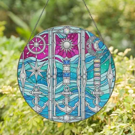 Stained Glass Ship's Wheel Sun Moon Star Anchor - Coastal Celestial Decor Gift Stained Glass Suncatcher