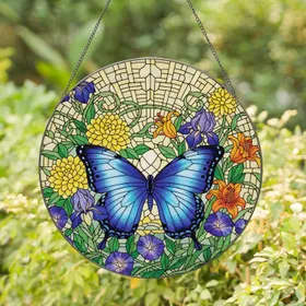 Blue Butterfly Blooming Flowers Stained Glass - Nature Home Decor Gift Stained Glass Suncatcher