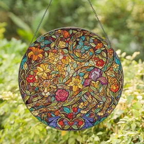 Stretching Cat Blooming Flowers Butterfly Botanical Foliage - Home Decor Gift Cat Lover Stained Glass Suncatcher