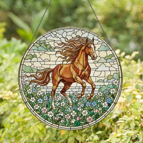 Majestic Brown Horse Leaping Tiffany Style Stained Glass - Home Decor Gift Stained Glass Suncatcher