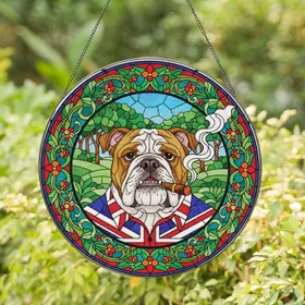 Bulldog Smoking Cigar British Flag Shirt - Man Cave Home Decor Gift for Dad Stained Glass Suncatcher