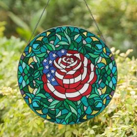 Bloomed Patriotic American Flag Rose Home Decor - Independence Day Gift for American Veterans Stained Glass Suncatcher
