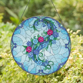 Tiffany Glass Blue Flower Cascade Green Leaves Vines Border Gems - Home Decor Gift Stained Glass Suncatcher