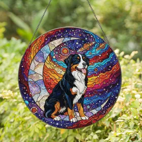 Bernese Mountain Dog Crescent Moon Cosmic Sky - Dog Lover Home Decor Gift Stained Glass Suncatcher