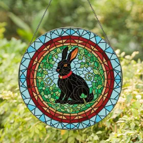 Black Rabbit Red Collar Leaves Vines Circular Stained Glass Home Decor Gift Stained Glass Suncatcher