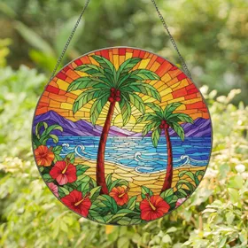 Tropical Island Beach Sunset Palm Trees Hibiscus Lush Foliage - Home Decor Gift Stained Glass Suncatcher