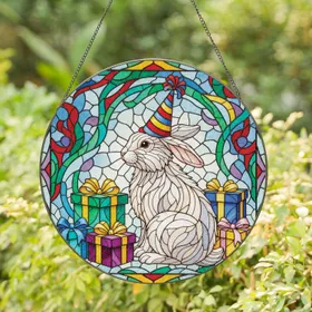 White Rabbit Party Hat Tiffany Stained Glass Mosaic - Birthday Celebration Home Decor Gift Stained Glass Suncatcher