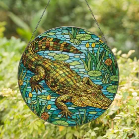 Robust Crawling Alligator Lush Swamp Foliage Lily Pads - Wildlife Lover Home Decor Gift Stained Glass Suncatcher