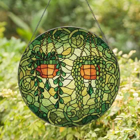 Stained Glass Terracotta Pots Green Beaded Vines - Plant Lover Home Decor Gift Stained Glass Suncatcher
