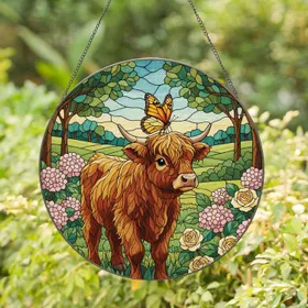 Shaggy Highland Cow Calf Butterfly Pink Hydrangea Rose Meadow - Farmhouse Home Decor Stained Glass Suncatcher