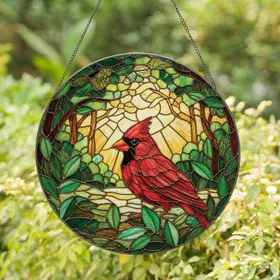 Red Cardinal Bird Green Leaves Landscape - Wildlife Lover Home Decor Gift Stained Glass Suncatcher