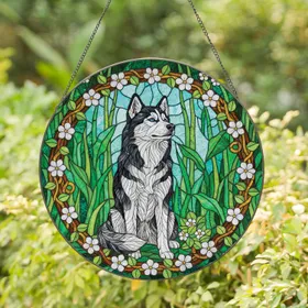 Husky Dog Blue Eyes Wildflower Border - Wildlife Lover Home Decor Gift for Dog Lover Stained Glass Suncatcher