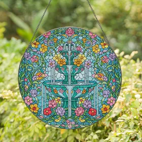 Stained Glass Two-Tiered Fountain Blossoming Flowers Floral Vines Home Decor Gift Stained Glass Suncatcher