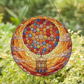 Stained Glass Hot Air Balloon Arched Window Gondola Sunset Mosaic Sky Boho Home Decor Gift Stained Glass Suncatcher