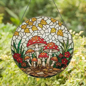 Autumnal Toadstool Mushroom Forest Leaves - Home Decor Gift Stained Glass Suncatcher