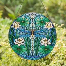 Blue Dragonfly White Lotus Aquatic Flora - Home Decor Gift for Nature Lover Stained Glass Suncatcher