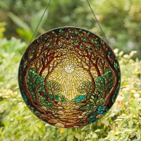 Golden Forest Path Archway Canopy - Nature Lover Home Decor Gift Stained Glass Suncatcher
