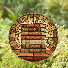 Vintage Leather Books Ornate Gold Tooling Mosaic - Home Decor Gift for Book Lover Stained Glass Suncatcher