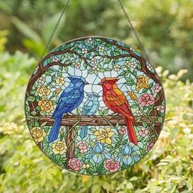 Three Colorful Birds Rustic Wooden Fence Blooming Flowers - Bird Lover Decor Gift Stained Glass Suncatcher