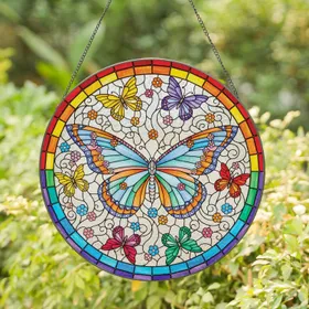 Jeweled Butterflies Floral Rainbow Iridescent Mosaic - Home Decor Gift for Butterfly Lovers Stained Glass Suncatcher