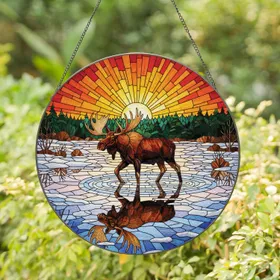 Moose Antlers Icy Water Sunset - Wildlife Lover Home Decor Gift Stained Glass Suncatcher