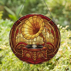 Vintage Gramophone Art Deco Music - Home Decor Gift for Music Lover Stained Glass Suncatcher