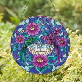 Tiffany Glass Birds Bird Bath Flowers Butterflies - Home Decor Gift for Bird Lover Stained Glass Suncatcher