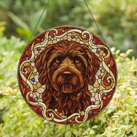 Shaggy Dark Brown Dog Head Amber Eyes - Dog Lover Home Decor Gift Stained Glass Suncatcher