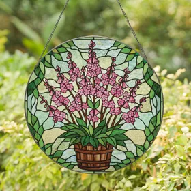 Vibrant Pink Flowering Plant Barrel Planter - Home Decor Gift for Plant Lover Stained Glass Suncatcher