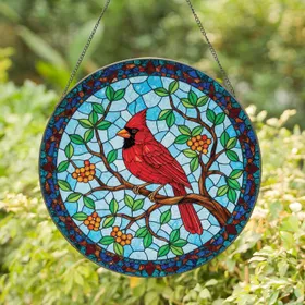Northern Cardinal Stained Glass Branch Berries - Bird Watcher Home Decor Gift Stained Glass Suncatcher