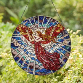 Graceful Winged Angel Woman Mosaic Gown Trumpet Ethereal Clouds Celestial Home Decor Gift Stained Glass Suncatcher