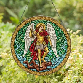 Archangel Michael Spear Angelic Wings Crushing Demon - Religious Home Decor Gift Stained Glass Suncatcher