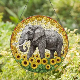 African Elephant Sunflowers - Wildlife Lover Home Decor Gift for Elephant Lover Stained Glass Suncatcher