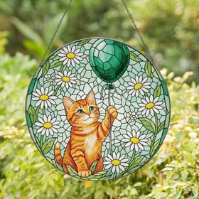 Tabby Kitten Emerald Balloon Daisies - Cat Lover Window Decor Stained Glass Suncatcher