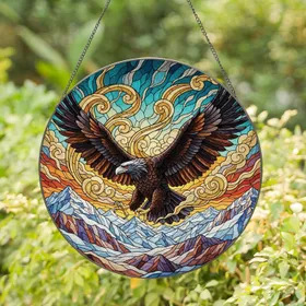 Black Eagle Soaring Mountain Landscape - Wildlife Lover Gift Stained Glass Suncatcher