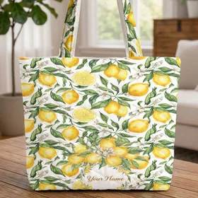 Lemon Botanical Bouquet Floral Wreath Personalized - Everyday Carry Lifestyle Gift for Her Quilted Tote Bag