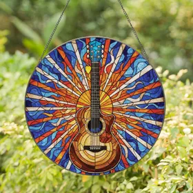 Acoustic Guitar Stained Glass Sunburst - Home Decor Gift for Music Lovers Stained Glass Suncatcher