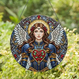 Angelic Figure with Wings Golden Halo Stained Glass - Home Decor Gift for Angel Lovers Stained Glass Suncatcher