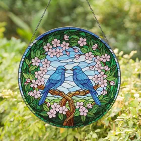 Wildlife Bluebirds Cherry Blossoms Wreath Home Decor Gift for Bird Lover Stained Glass Suncatcher
