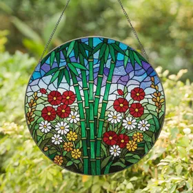 Bamboo Red White Daisy Flowers Green Leaves Home Decor Gift Stained Glass Suncatcher