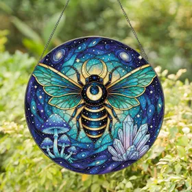 Celestial Constellation Bee Crescent Moon - Home Decor Gift for Celestial Lover Stained Glass Suncatcher