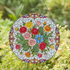 Lush Bouquet Roses Blue Flower Cactus Mosaic - Home Decor Gift Stained Glass Suncatcher