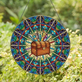 Overflowing Art Supplies Chest Stained Glass Mosaic Ornate Border - Art Lover Home Decor Gift Stained Glass Suncatcher