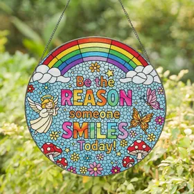 Be the Reason Someone Smiles Today Phrase, Rainbow Butterfly Angel Flower Stars - Home Decor Gift Stained Glass Suncatcher