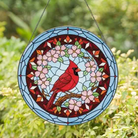 Tiffany Glass Cardinal Dogwood Sky Mosaic - Home Decor Gift for Bird Lovers Stained Glass Suncatcher